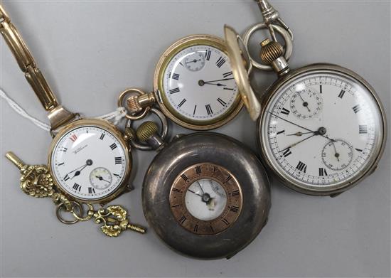 Two silver pocket watches, two gold plated watches and two ornate watch keys.